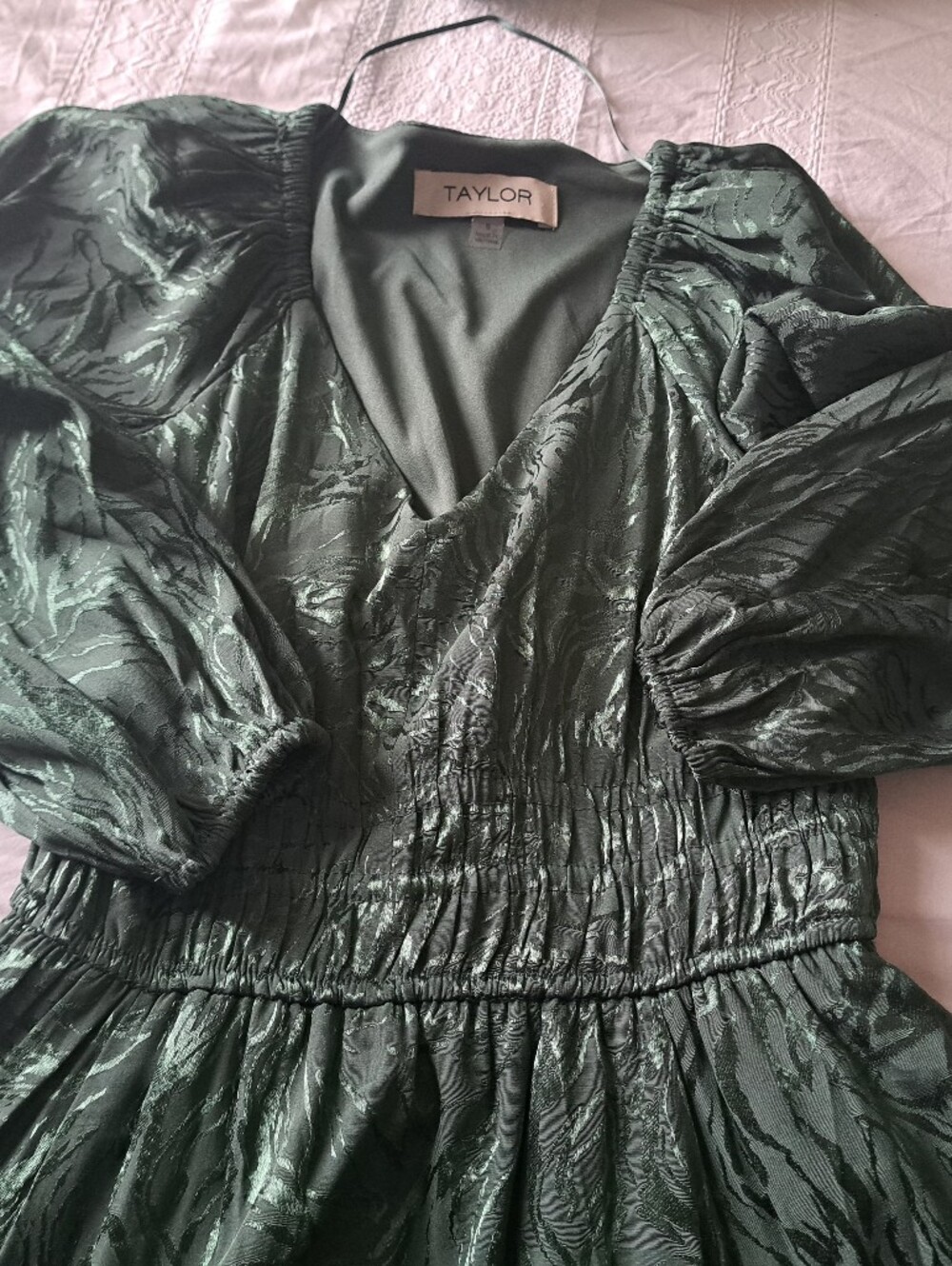 TAYLOR Long Sleeve V-Neck Maxi Dress GREEN embossed smocked lined flowy Small - Picture 6 of 12